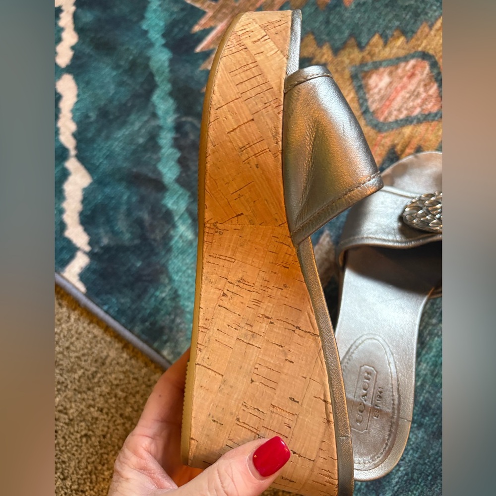 Coach Judith wedge sandals, metallic, cork heel; large signature pendant. - Picture 13 of 15